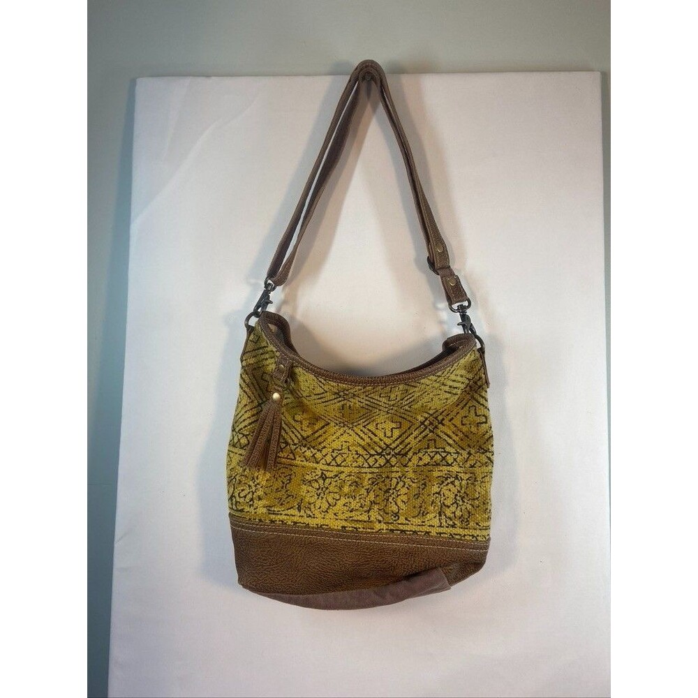MYRA BAG CROSSBODY CANAVS COTTON BROWN GOLD PURSE 13 X 12 X 1